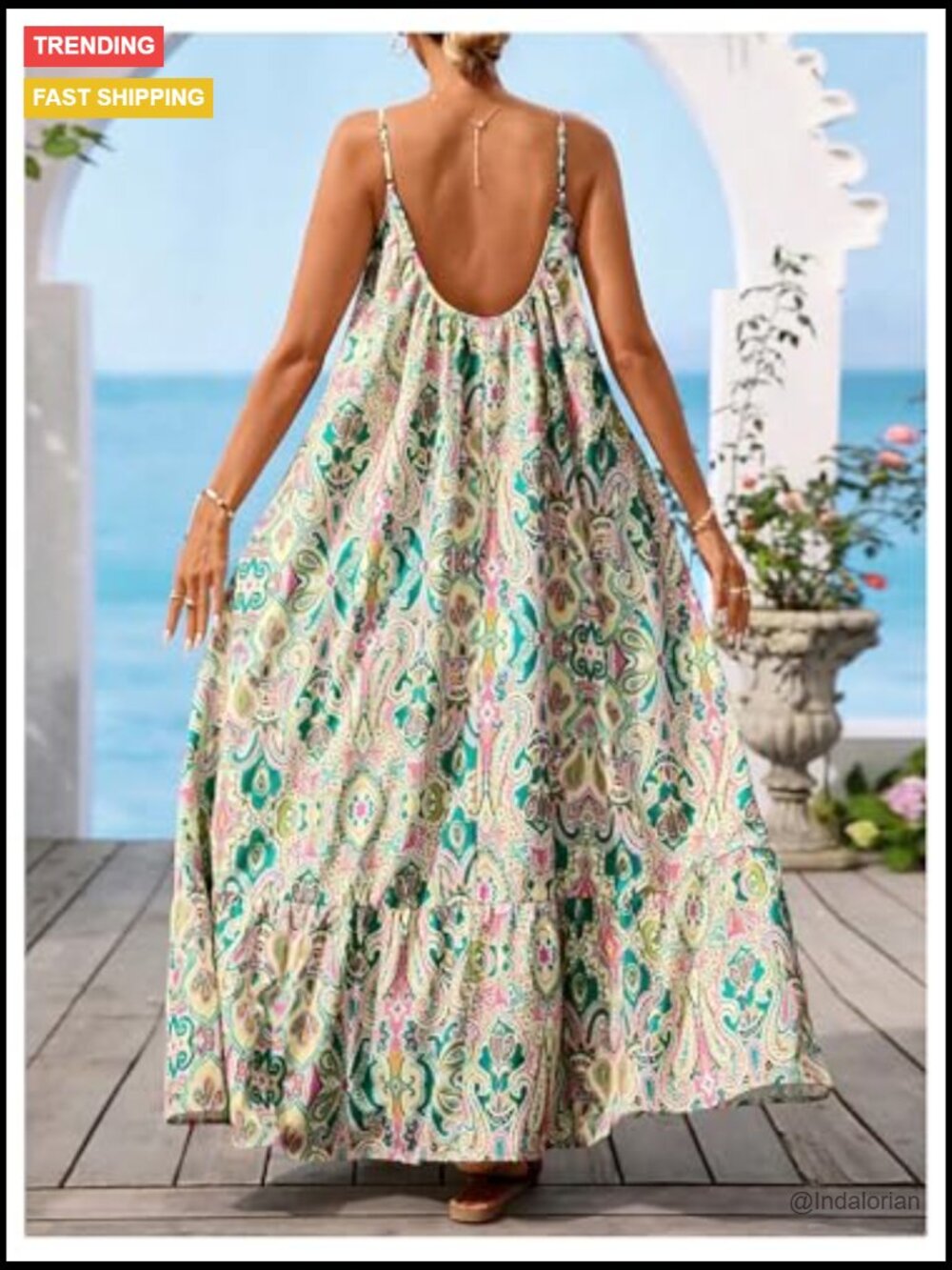 Boho Geo A-Line Maxi Dress Backless Flowy Summer Vacation - Picture 2 of 5